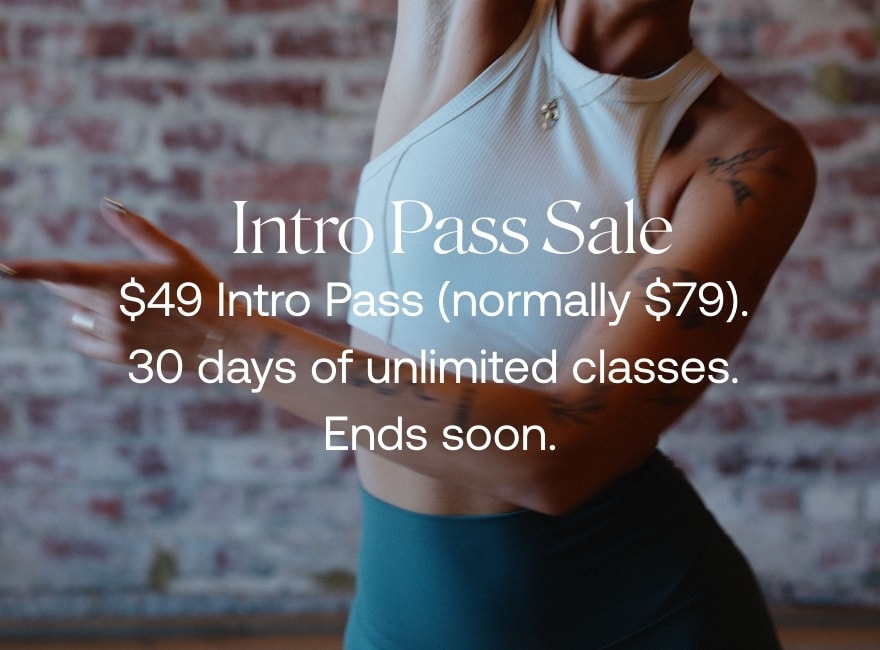 A womans body in motion with the text intro pass sale
